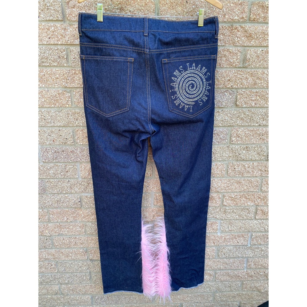 LAAMS‎ x Uzumaki Raw Denim Pink Faux Fur Rhinestone Jeans 32 Bedazzled Y2K Bratz - Picture 7 of 9